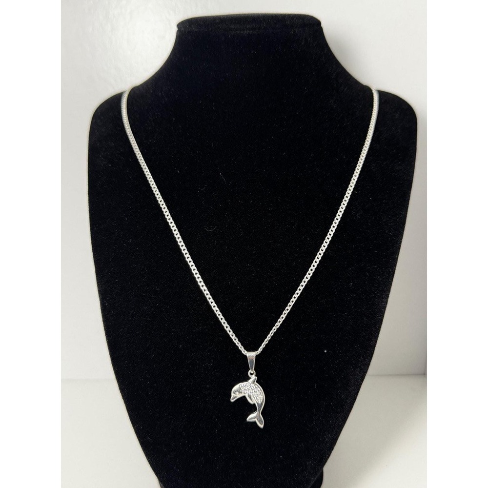 925 Sterling Silver Dolphin Pendant Necklace‎ 20 Inch Curb Chain CZ Accents